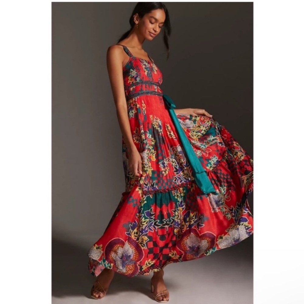 Anthropologie Vibrant Red and Teal Maxi Dress